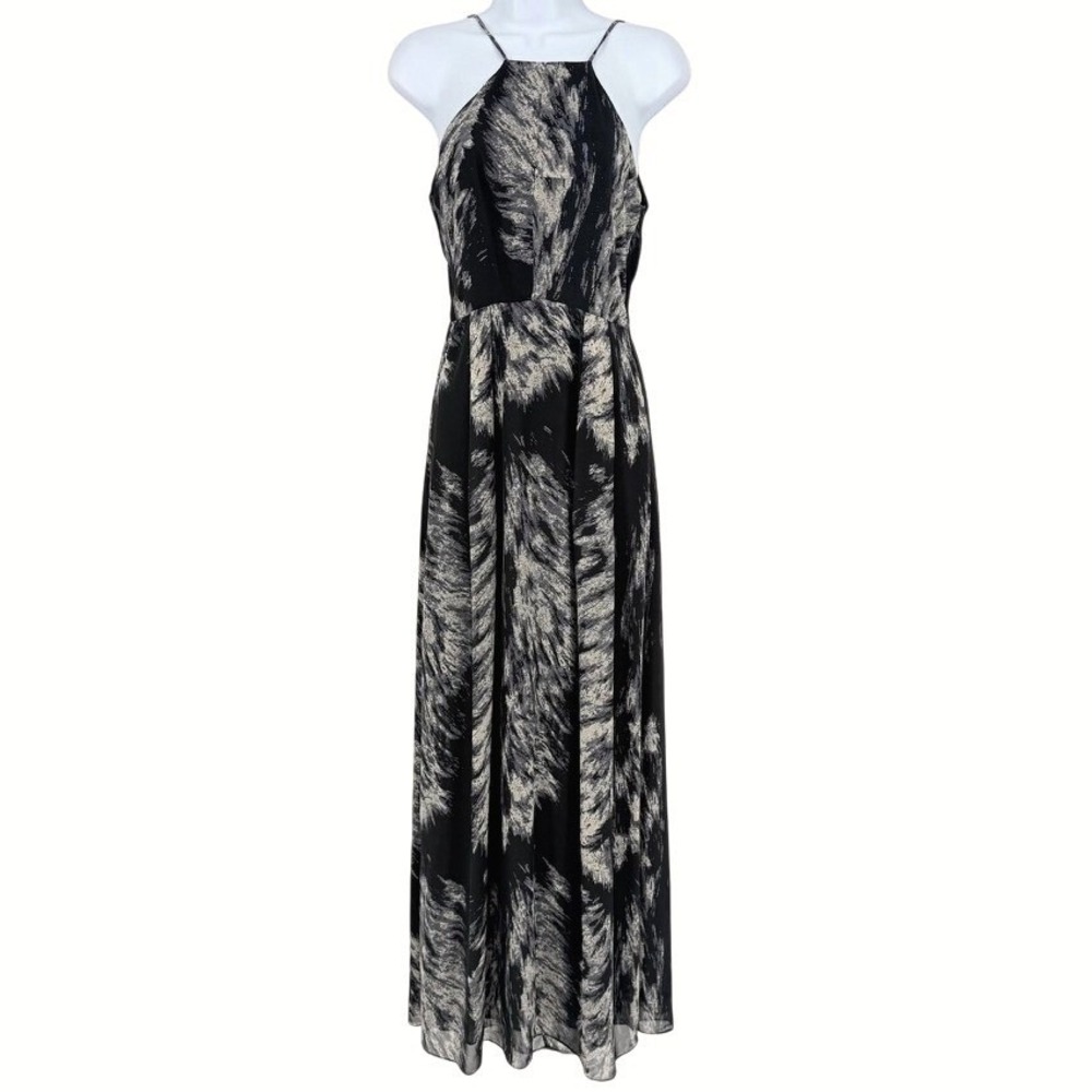 Womens Black Cream Abstract Feather Print Maxi Dress Avant Garde Edgy Small